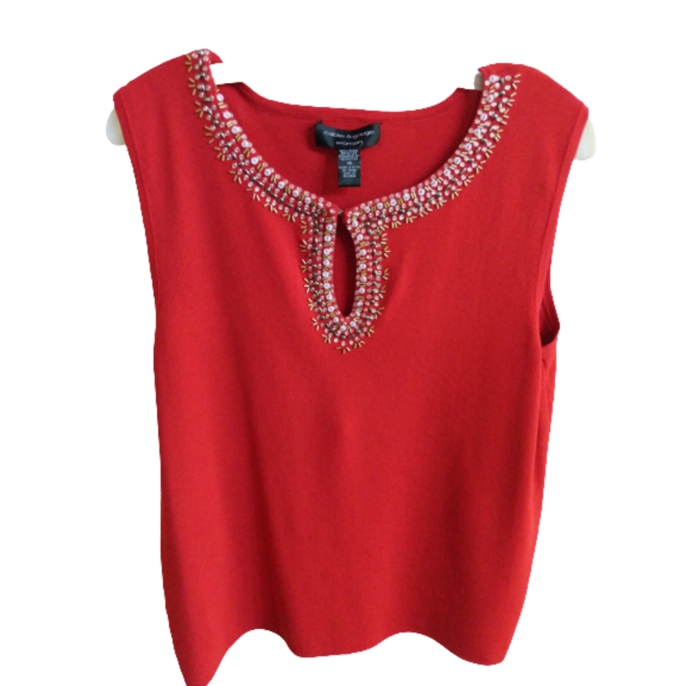 Cable & Gauge Top Red Beaded  Keyhole Sequin Trim Sleeveless Women size 1X